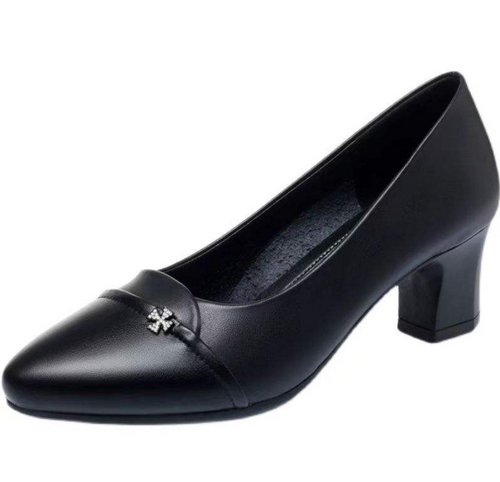 Black Leather Chunky Heel Shoes